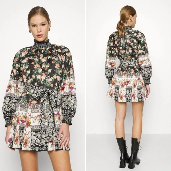 Alice + Olivia JANIS RAGLAN Floral belted mock neck boho Fall mini dress Size 6 - Picture 6 of 15